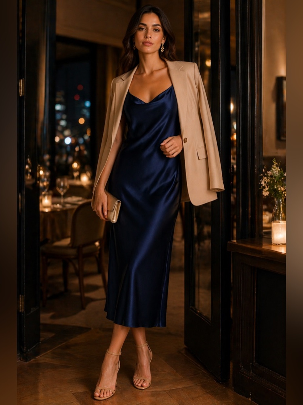 STAUD Navy Satin Slip Dress – Elegant Minimalist  Cocktail Midi Dress - Picture 4 of 10